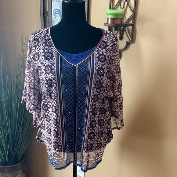 INC International Concepts Tops - INC International Concepts Multicolor Patterned Blouse With Cobalt Blue Camisole